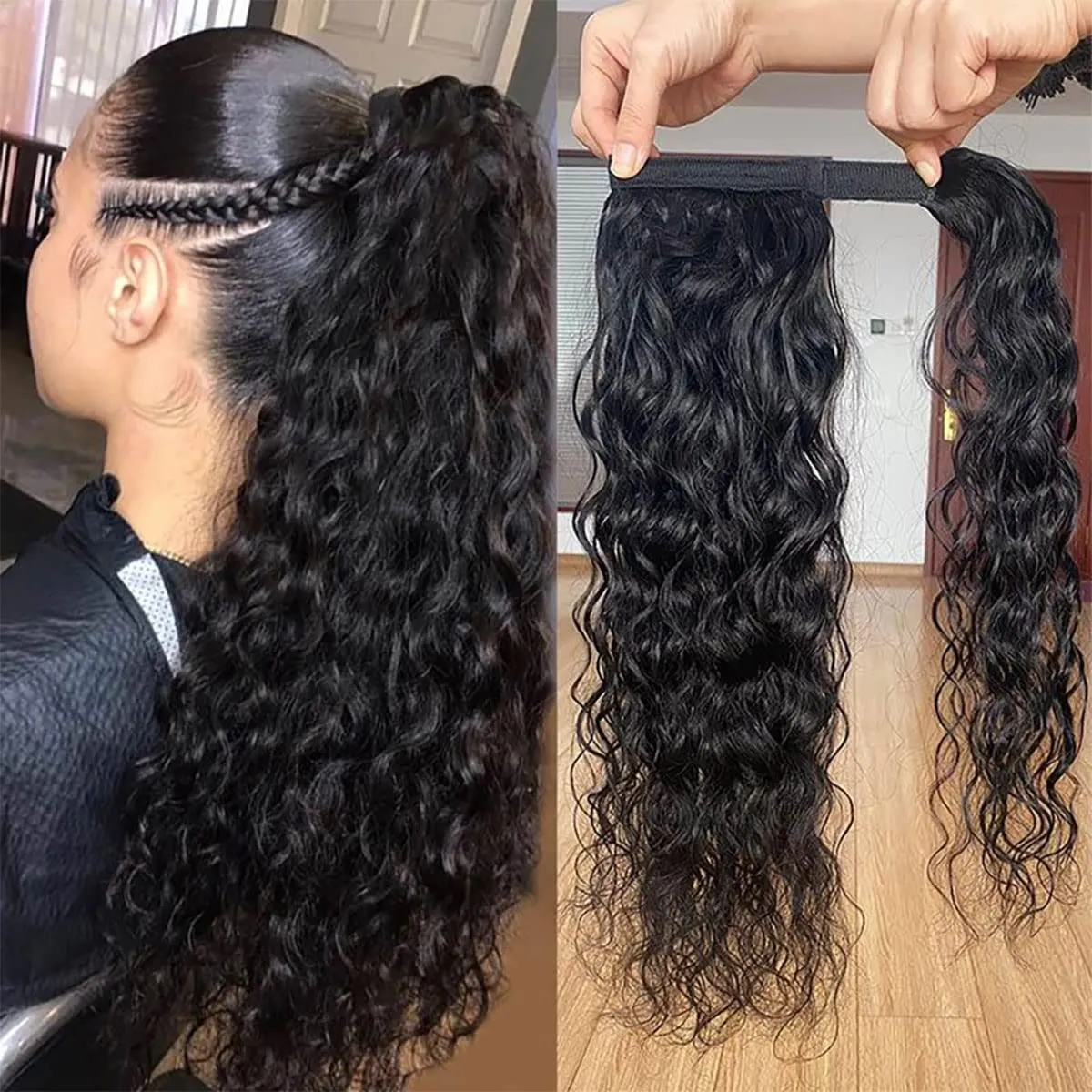 Ponytail Extensions Human Hair Magic Paste Ponytail Water Wave Wavy Wrap Around Magic Paste Ponytail Wrap Around Pony Hair Extensions Natural Black Color Remy Human Hair 18 Inch