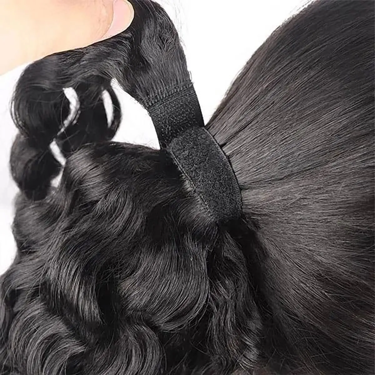 Ponytail Extensions Human Hair Magic Paste Ponytail Water Wave Wavy Wrap Around Magic Paste Ponytail Wrap Around Pony Hair Extensions Natural Black Color Remy Human Hair 18 Inch