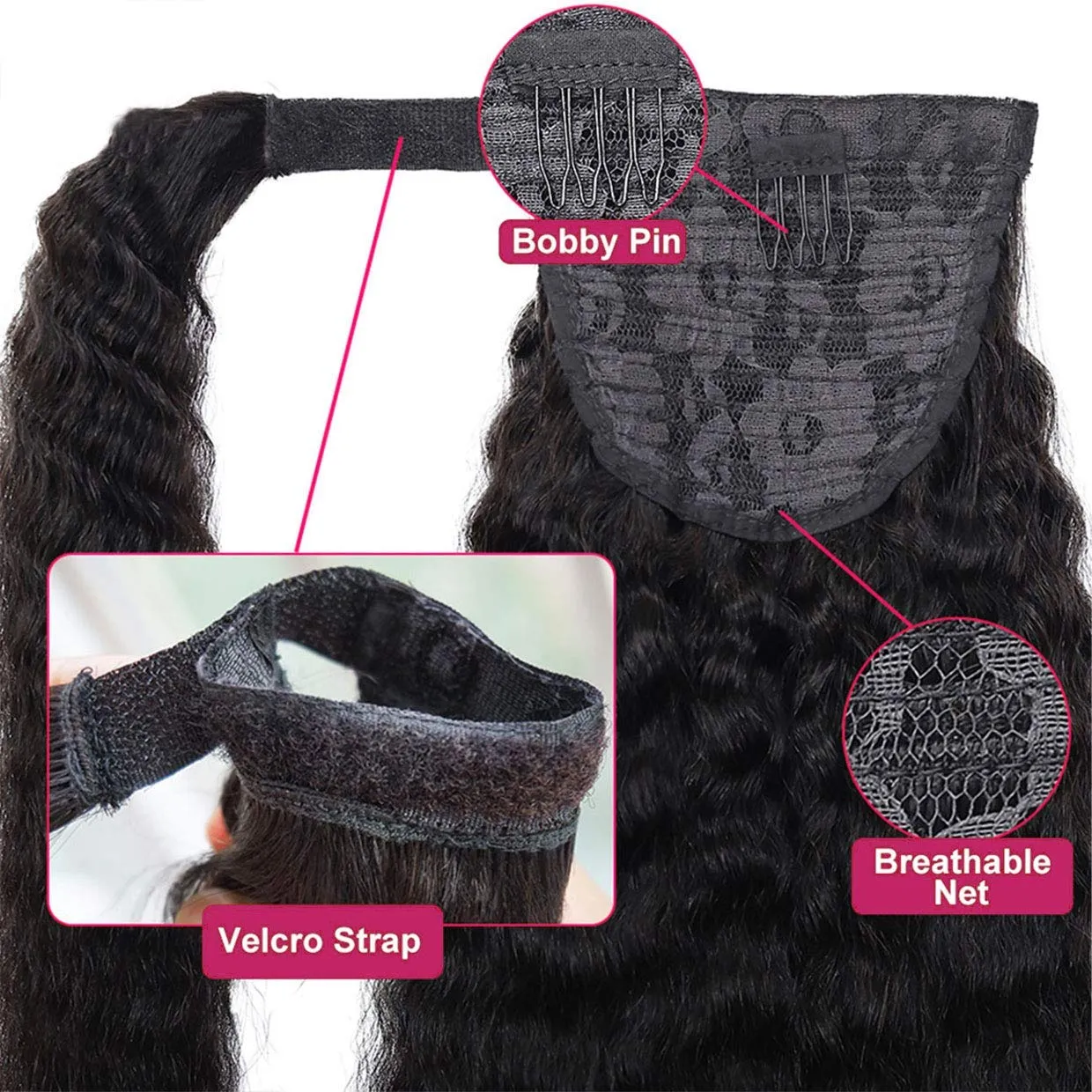 Ponytail Human Hair Extension Magic Paste Kinky Straight Ponytail Human Hair Ponytail for Women Natural Black Color Brazilian Virgin Human Hair Yaki Ponytail Remy Hair Extensions(14 Inch, 105g)