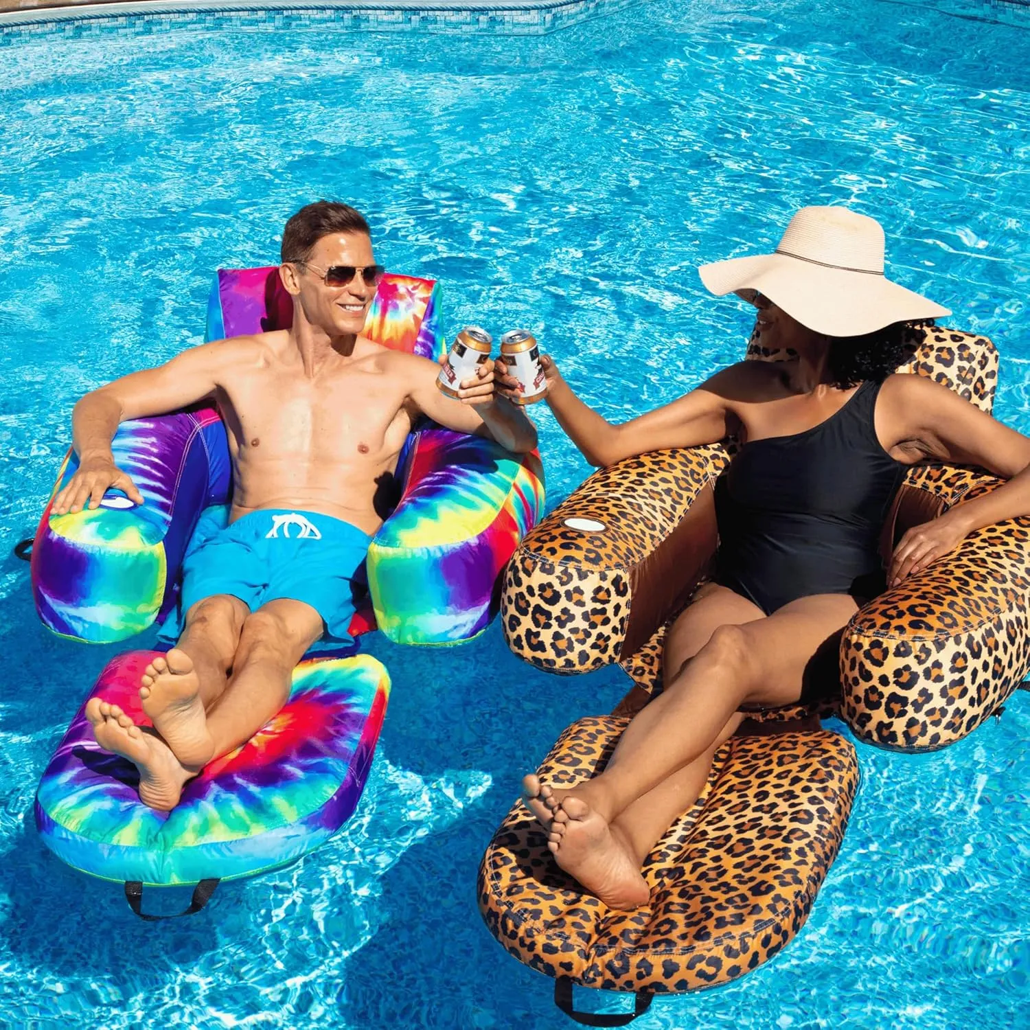 Pool Lounger Inflatable Pool Floats - Pool, Lake, River Floating Lounge Chair Heavy Duty Fabric Pool Raft 2in1 Convertible Chair - Leopard, Camo, Tie-Dye Colors