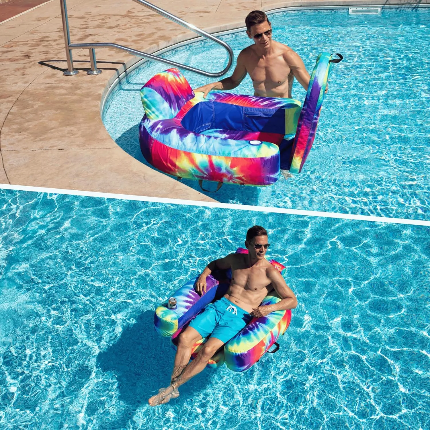 Pool Lounger Inflatable Pool Floats - Pool, Lake, River Floating Lounge Chair Heavy Duty Fabric Pool Raft 2in1 Convertible Chair - Leopard, Camo, Tie-Dye Colors