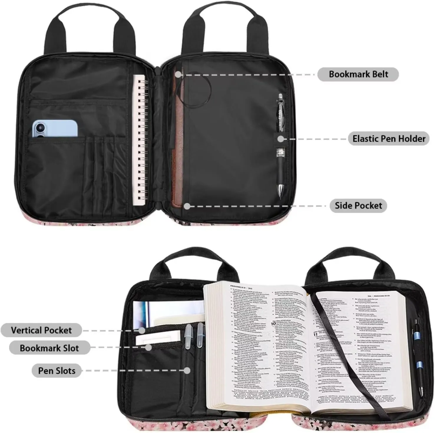 Portable Bible Cover Bookcase with Handle Bible Tote Bag Bible Books Pens Organizer 10.8 x 8.4 x 2.7 inches