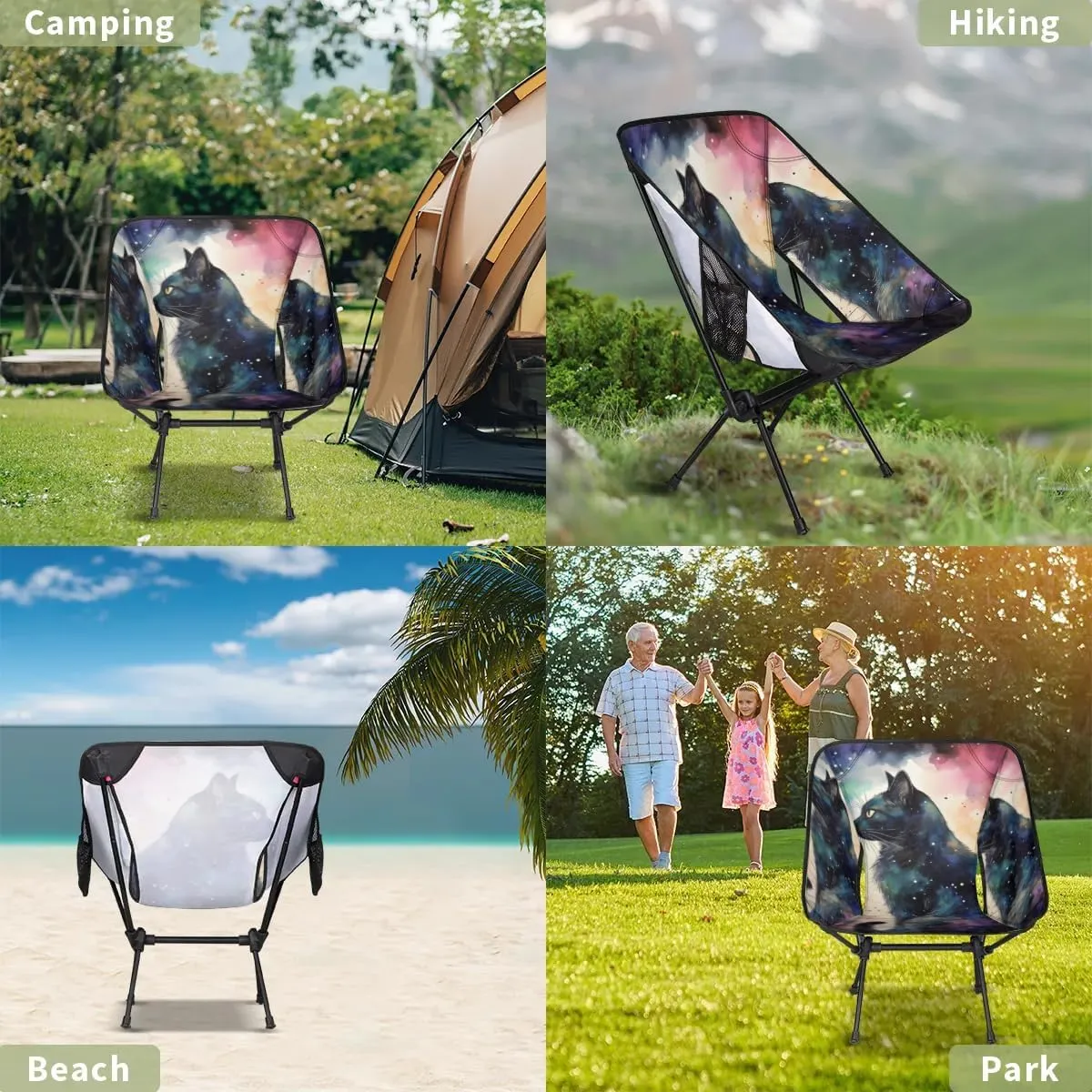 Portable Camping Chair Abstract Cat Ultralight Folding Camping Chair Glowing Cat Backpacking Hiking Chair with Cup Holder for Outdoor Travel Beach Picnic Festival, Compact Portable 176 lbs Capacity