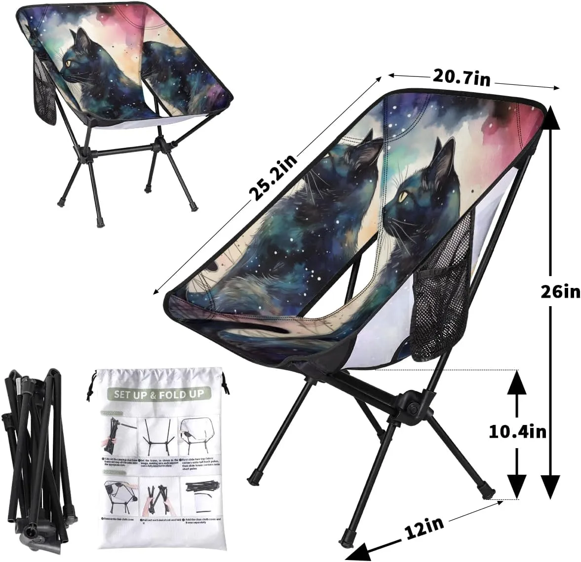Portable Camping Chair Abstract Cat Ultralight Folding Camping Chair Glowing Cat Backpacking Hiking Chair with Cup Holder for Outdoor Travel Beach Picnic Festival, Compact Portable 176 lbs Capacity
