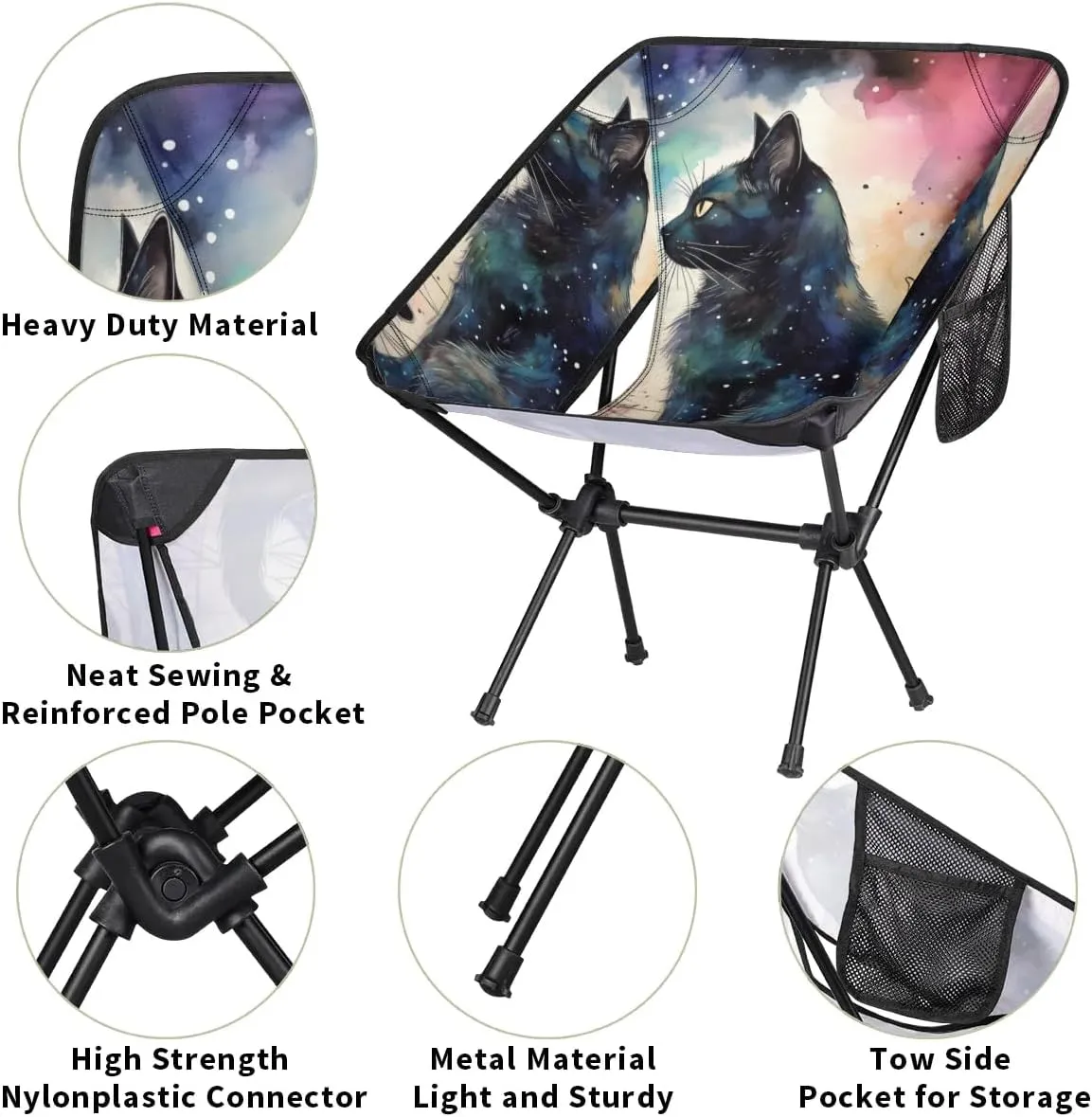 Portable Camping Chair Abstract Cat Ultralight Folding Camping Chair Glowing Cat Backpacking Hiking Chair with Cup Holder for Outdoor Travel Beach Picnic Festival, Compact Portable 176 lbs Capacity