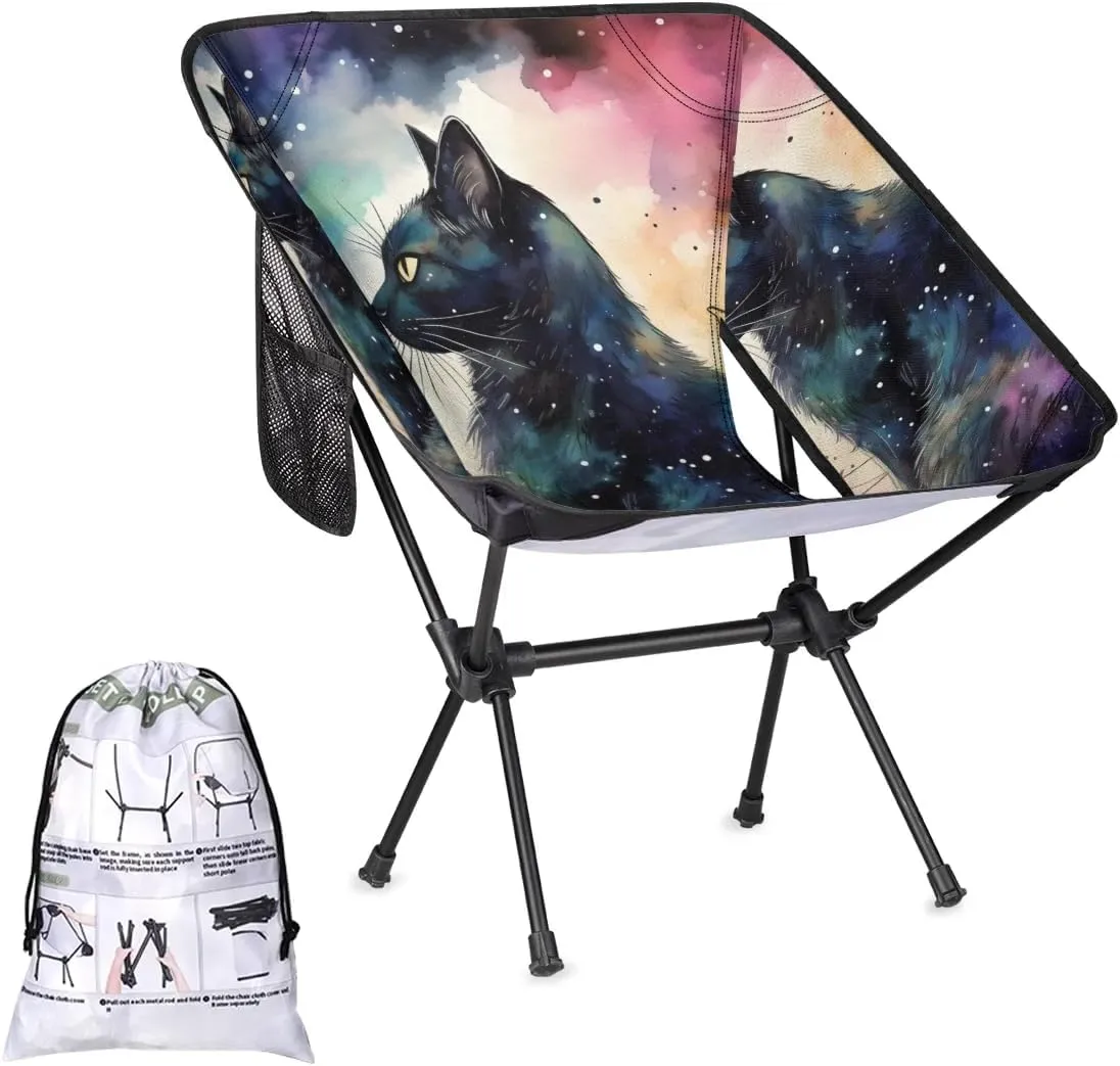 Portable Camping Chair Abstract Cat Ultralight Folding Camping Chair Glowing Cat Backpacking Hiking Chair with Cup Holder for Outdoor Travel Beach Picnic Festival, Compact Portable 176 lbs Capacity