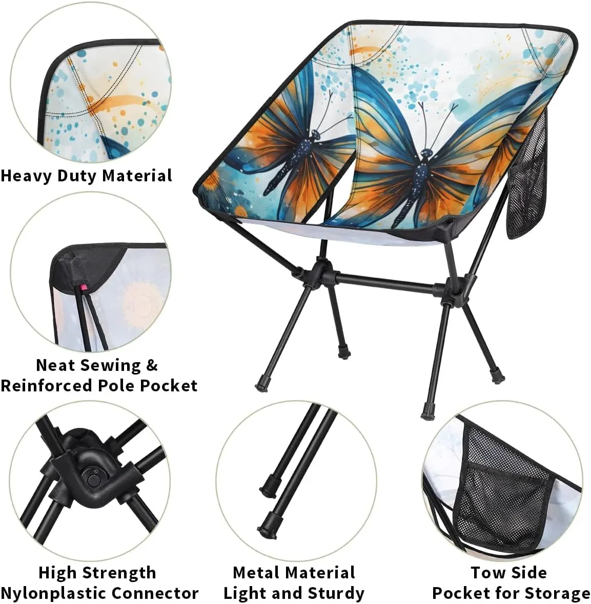 Portable Camping Chair Artistic Butterfly Ultralight Folding Camping Chair Gothic Butterfly Backpacking Hiking Chair with Cup Holder for Outdoor Travel Beach Picnic Festival, 176 lbs Capacity