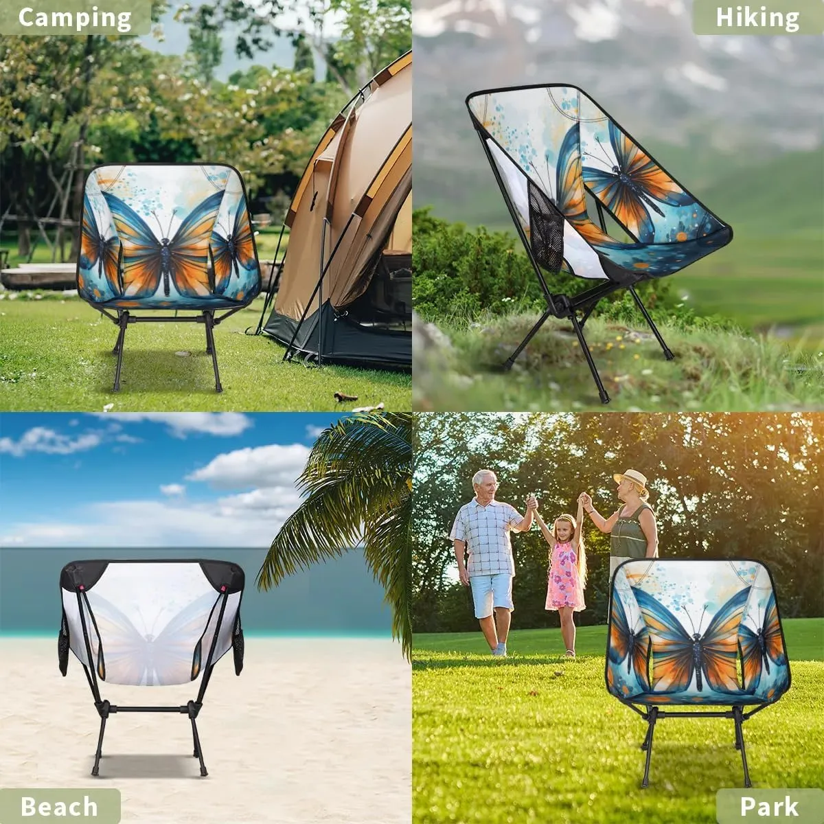 Portable Camping Chair Artistic Butterfly Ultralight Folding Camping Chair Gothic Butterfly Backpacking Hiking Chair with Cup Holder for Outdoor Travel Beach Picnic Festival, 176 lbs Capacity