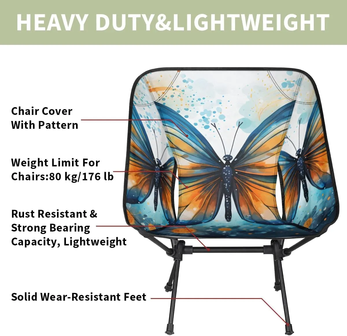 Portable Camping Chair Artistic Butterfly Ultralight Folding Camping Chair Gothic Butterfly Backpacking Hiking Chair with Cup Holder for Outdoor Travel Beach Picnic Festival, 176 lbs Capacity