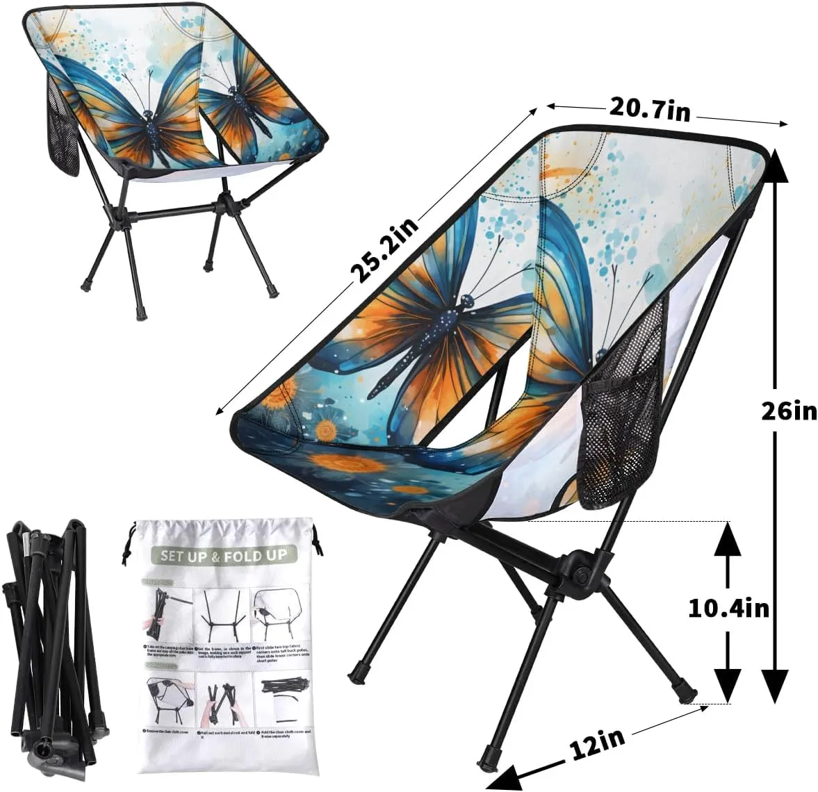 Portable Camping Chair Artistic Butterfly Ultralight Folding Camping Chair Gothic Butterfly Backpacking Hiking Chair with Cup Holder for Outdoor Travel Beach Picnic Festival, 176 lbs Capacity