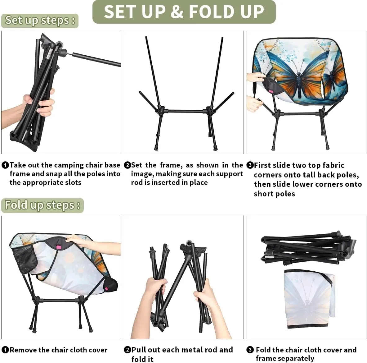 Portable Camping Chair Artistic Butterfly Ultralight Folding Camping Chair Gothic Butterfly Backpacking Hiking Chair with Cup Holder for Outdoor Travel Beach Picnic Festival, 176 lbs Capacity