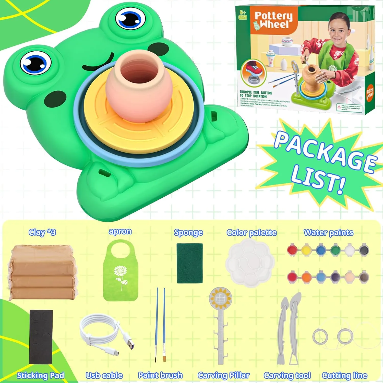 Pottery Wheel for Kids - Complete Pottery Painting Kit Arts and Crafts for Kids Ages 8-12 with 3 Pack Air Dry Clay Art Supplies for Kids Toys Girls Boy Birthday Gift for 6 7 8 9 10 11 12 