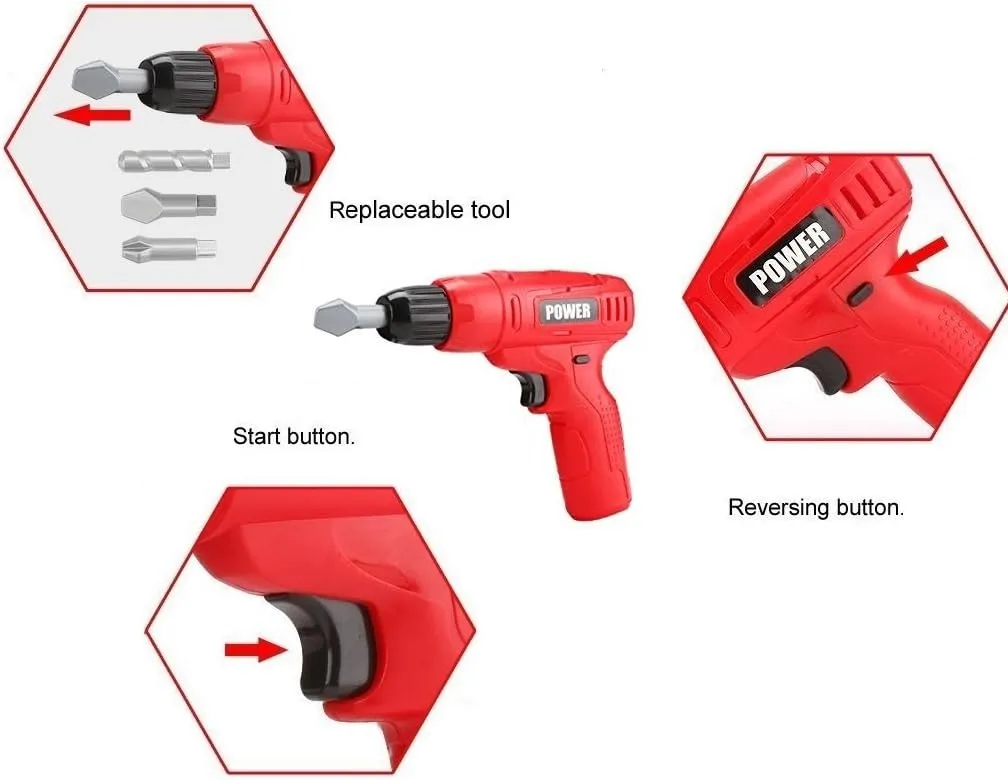 PowerTRC Kids Power Tools Mini Toy Drill Set with 3 Interchangeable Drill Bits Sound and Motion | Pretend Play | Kids Tools (2 Packs)