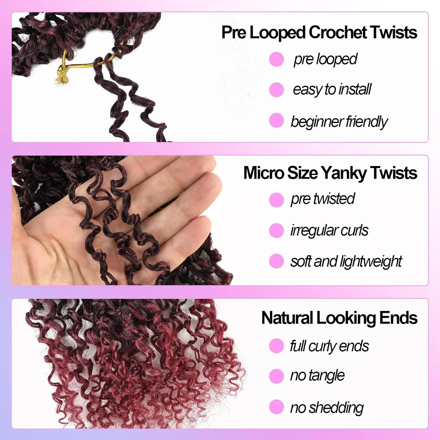 Pre-looped Yanky Twist Crochet Hair 10 Inch Bob Pre-twist Bohemian Passion Twist Crochet Hair Ombre Burgundy Synthetic Curly Water Wave Crochet Braids For Black Women (10 Inch, 1B/BUG)