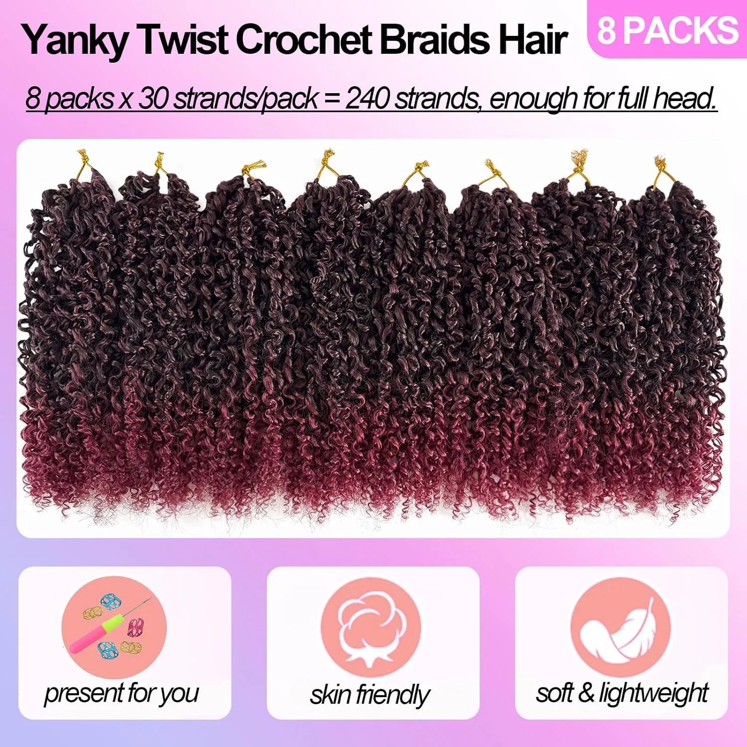 Pre-looped Yanky Twist Crochet Hair 10 Inch Bob Pre-twist Bohemian Passion Twist Crochet Hair Ombre Burgundy Synthetic Curly Water Wave Crochet Braids For Black Women (10 Inch, 1B/BUG)