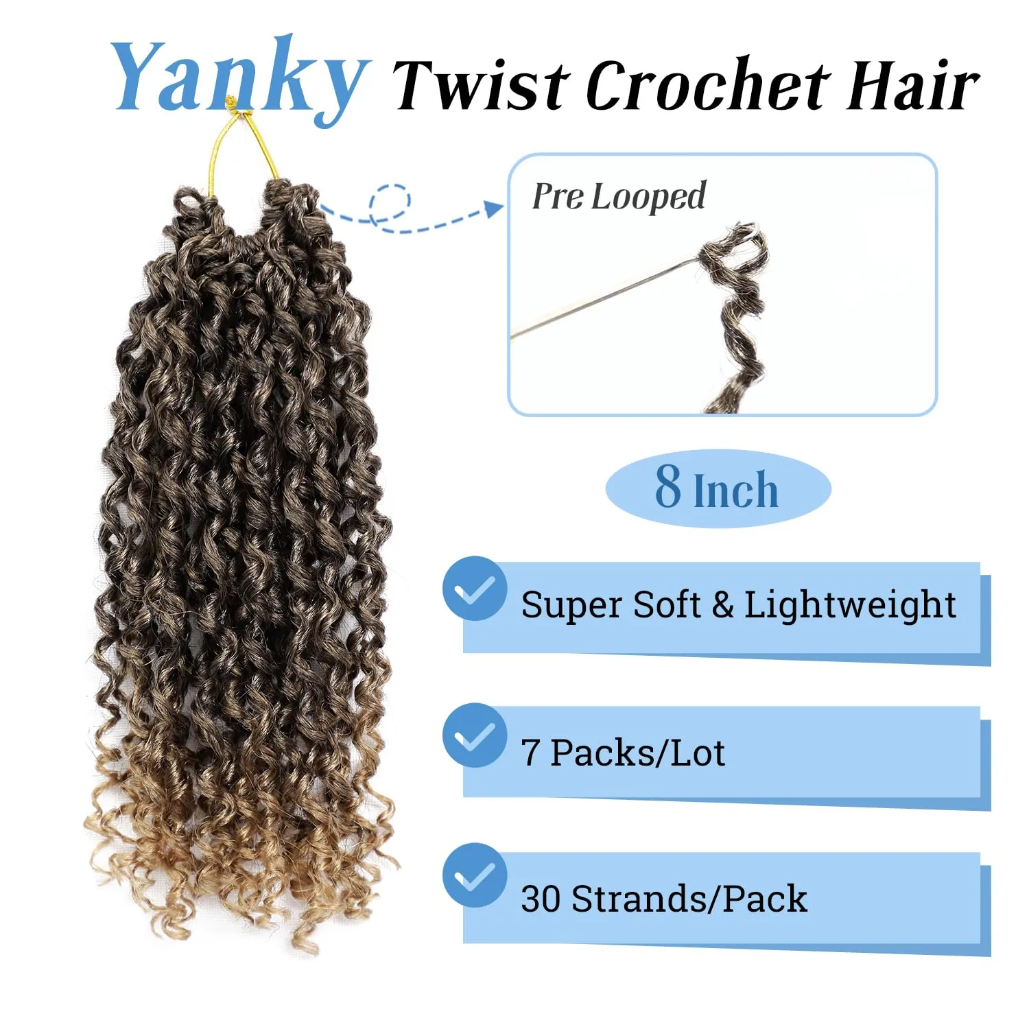 Pre Twisted Yanky Twist Crochet Hair for Women 8 Inch Synthetic Senegalese Twist Braids 7 Packs Spring Mini Passion Twist Hair Extensions, 1B/27