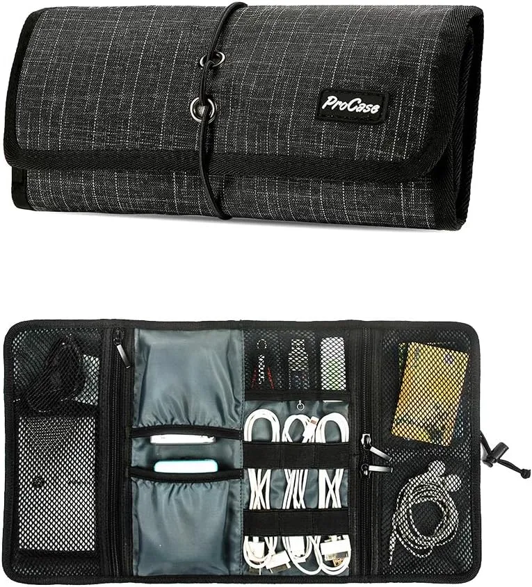 ProCase Electronic Organizer Cord Pouch, Travel Cable Charger Phone Accessories Bag Organizer Roll up Tech Carrying Case for USB Cables SD Memory Cards Earphone Flash Hard Drive