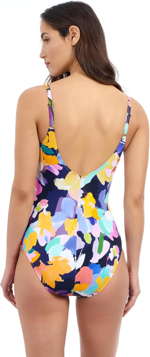 Profile by Gottex Holi Abstract Floral Print Women’s V-Neck Surplice One Piece Bathing Suit with Tummy Control Essential