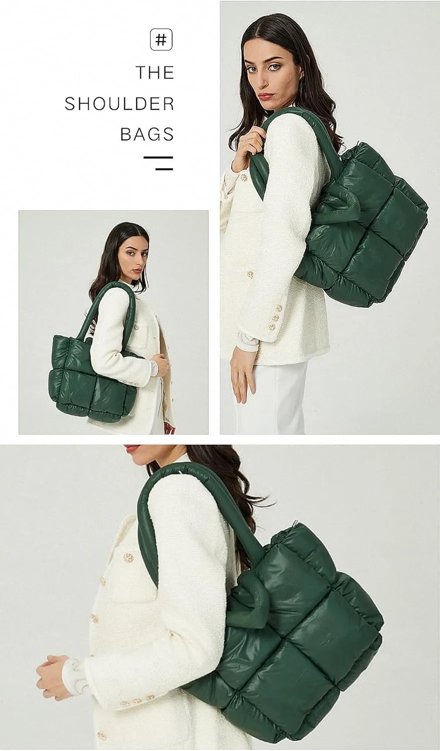 Puffer Shoulder Bag, Luxury Quilted Cotton Padded Tote Bag for Women, Winter Puffer Tote Bag Nylon Pillow Handbag Shopper Bag