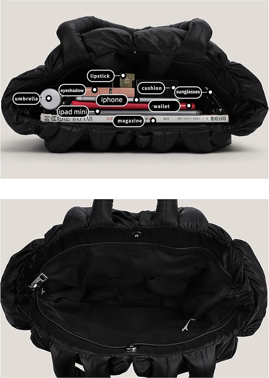 Puffer Shoulder Bag, Luxury Quilted Cotton Padded Tote Bag for Women, Winter Puffer Tote Bag Nylon Pillow Handbag Shopper Bag