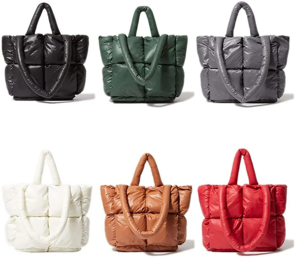 Puffer Shoulder Bag, Luxury Quilted Cotton Padded Tote Bag for Women, Winter Puffer Tote Bag Nylon Pillow Handbag Shopper Bag