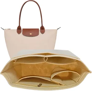 Purse Organizer Insert for le pliage Tote,Handbags Insert Organizer for Longchamp Bag with Divider Pocket and Zipper Inner Bag Liner (Beige, Medium)