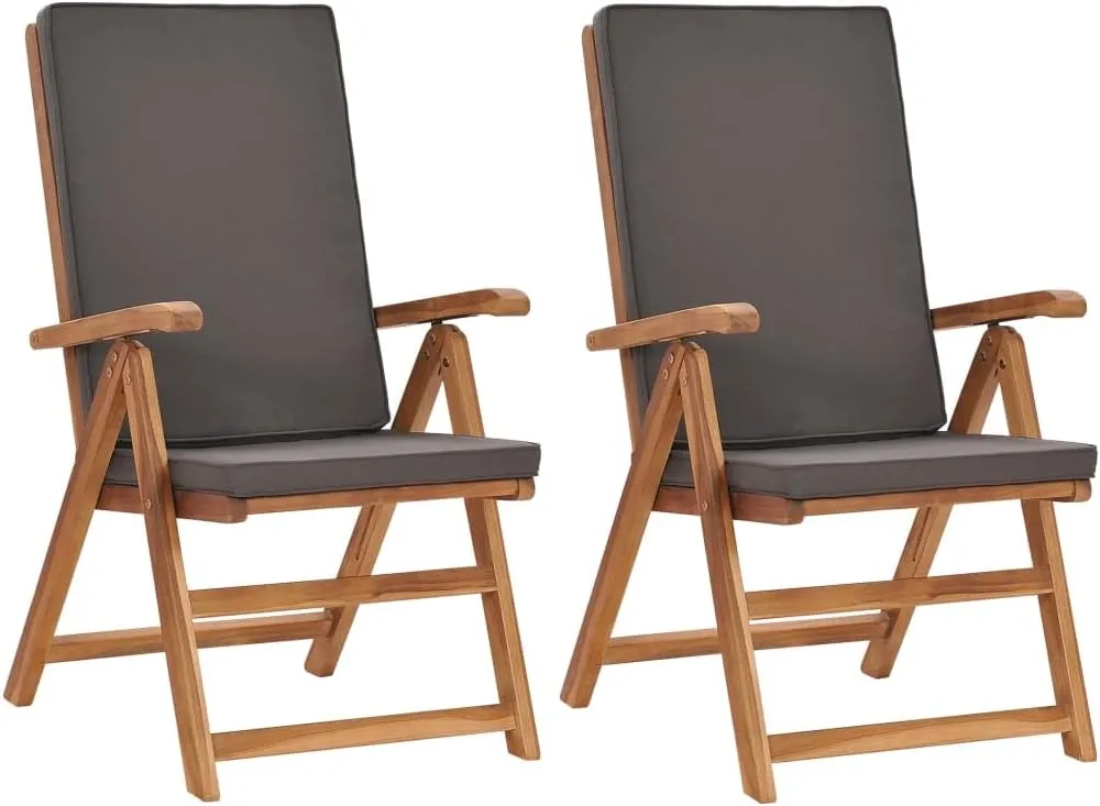 Reclining Patio Chairs with Cushions 2 pcs Solid Teak Wood Gray Adjustable Outdoor Lounge Chairs for Patio, Deck, or Garden with Thick Cushions, Foldable, Weather-Resistant and Durable