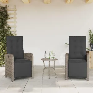 Reclining Patio Chairs with Footrest 2 Pcs Gray Poly Rattan Outdoor Lounge Chairs with Cushions and Adjustable Backrest for Garden and Patio Furniture