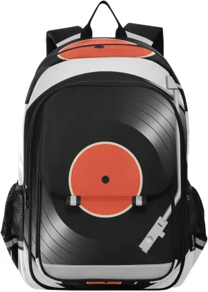 Record Player Black Backpack for Women Men Travel Laptop Daypack Shoulder Bag Book Bag Daypack with Reflective Strip 12.9” × 17.7”