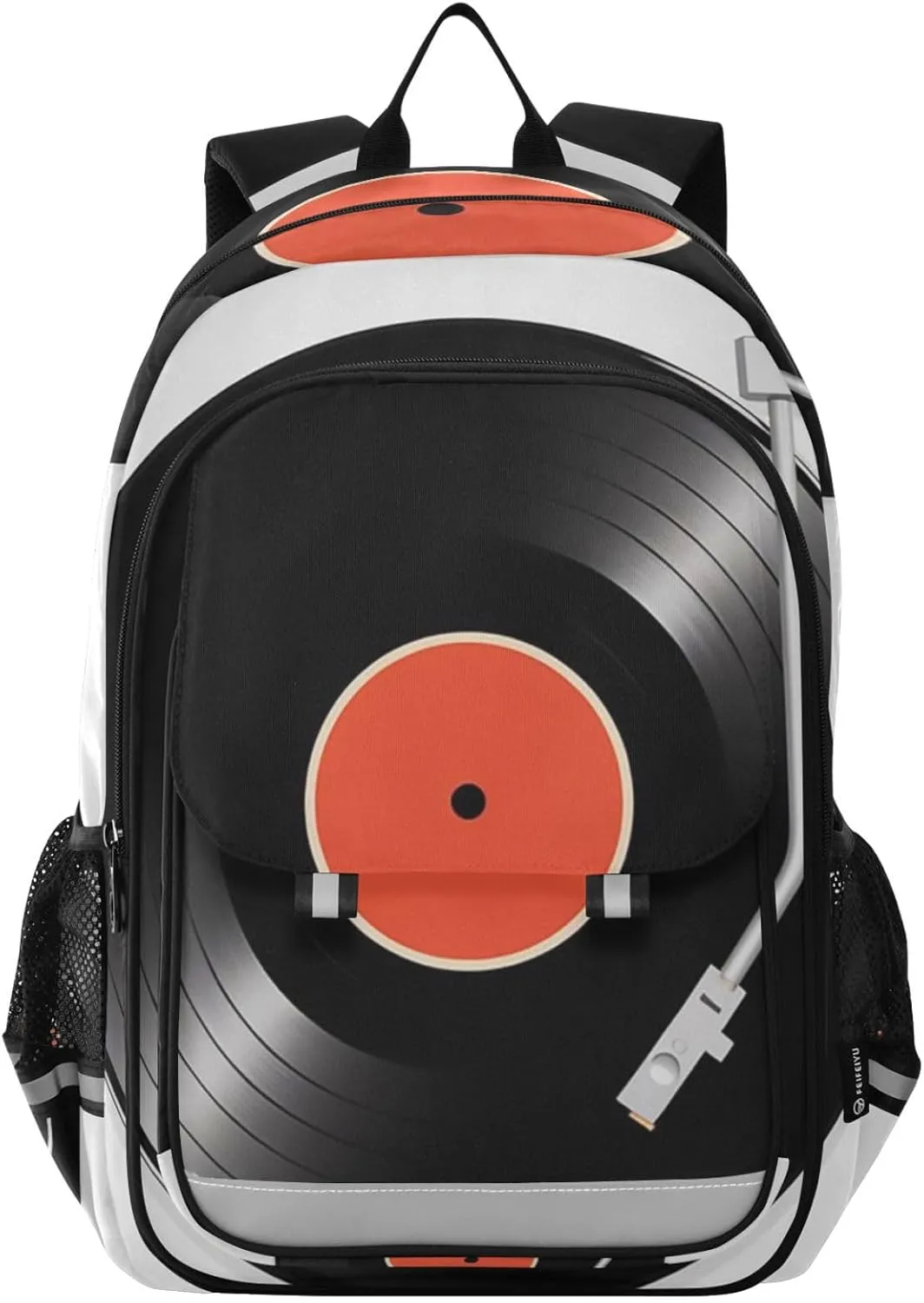 Record Player Black Backpack for Women Men Travel Laptop Daypack Shoulder Bag Book Bag Daypack with Reflective Strip 12.9” × 17.7”
