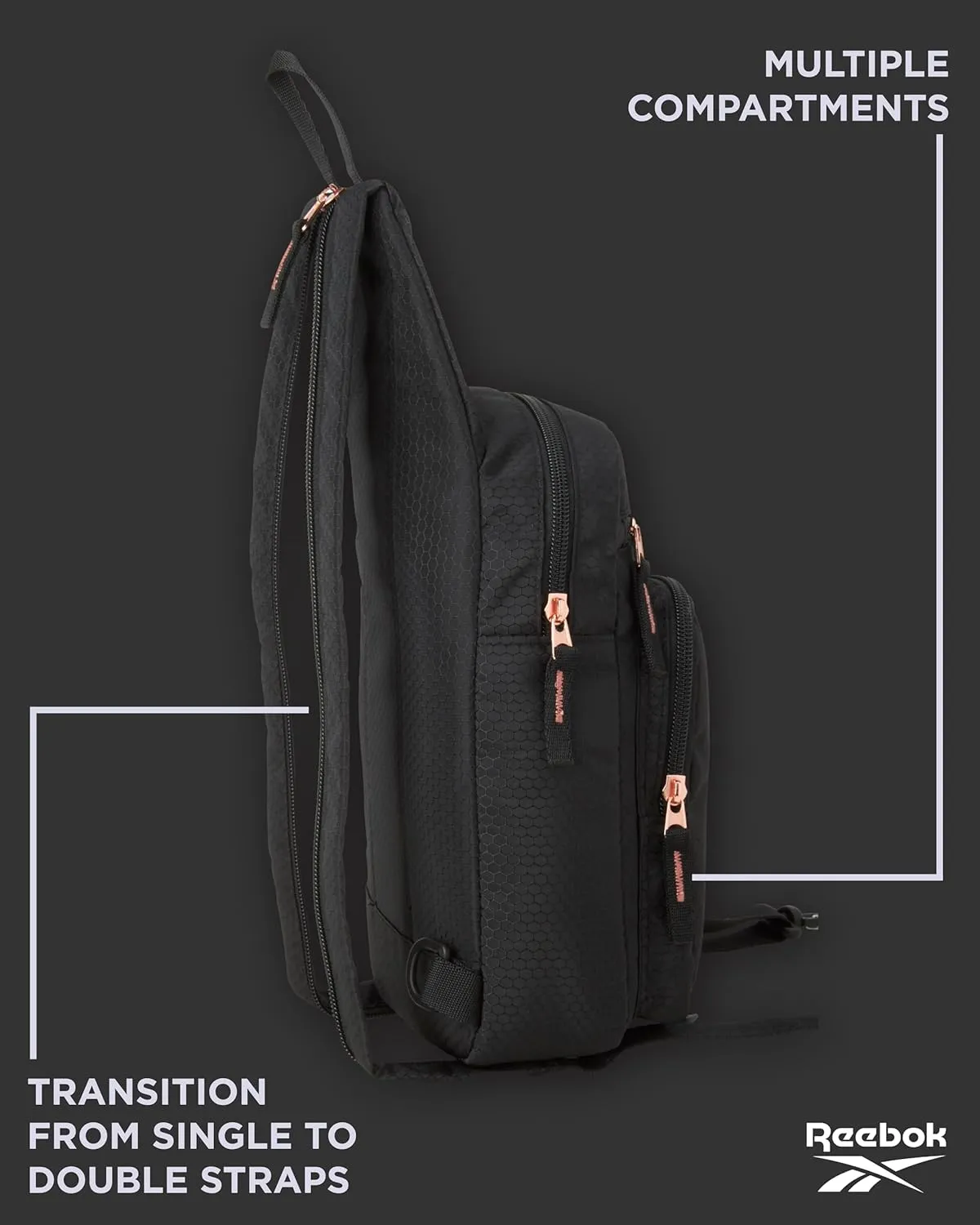 Reebok Men and Womens Crossbody Bag - Small Cross Body Bags for Women Backpack with Adjustable Strap for Travel and Gym, Black Cosmos