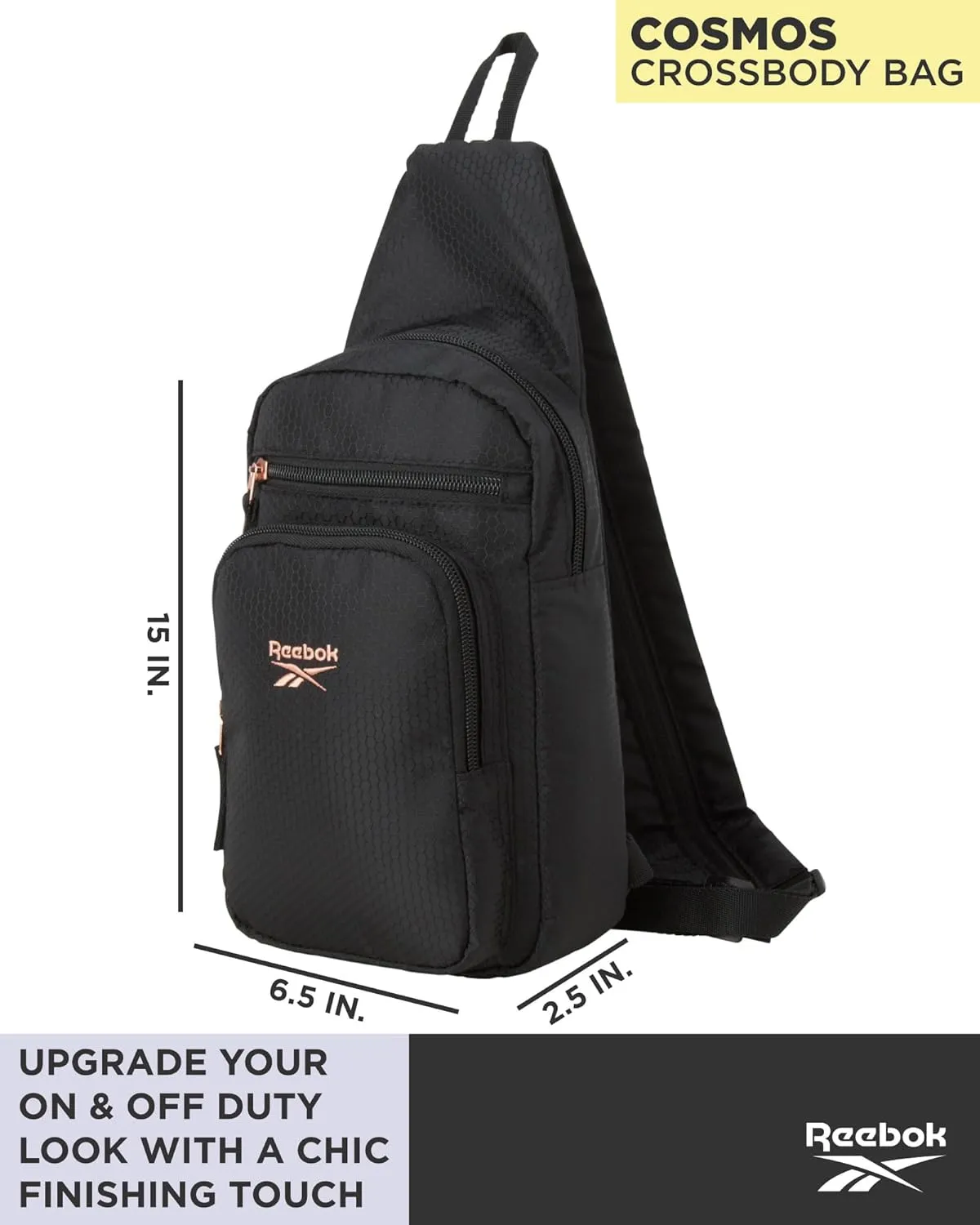 Reebok Men and Womens Crossbody Bag - Small Cross Body Bags for Women Backpack with Adjustable Strap for Travel and Gym, Black Cosmos