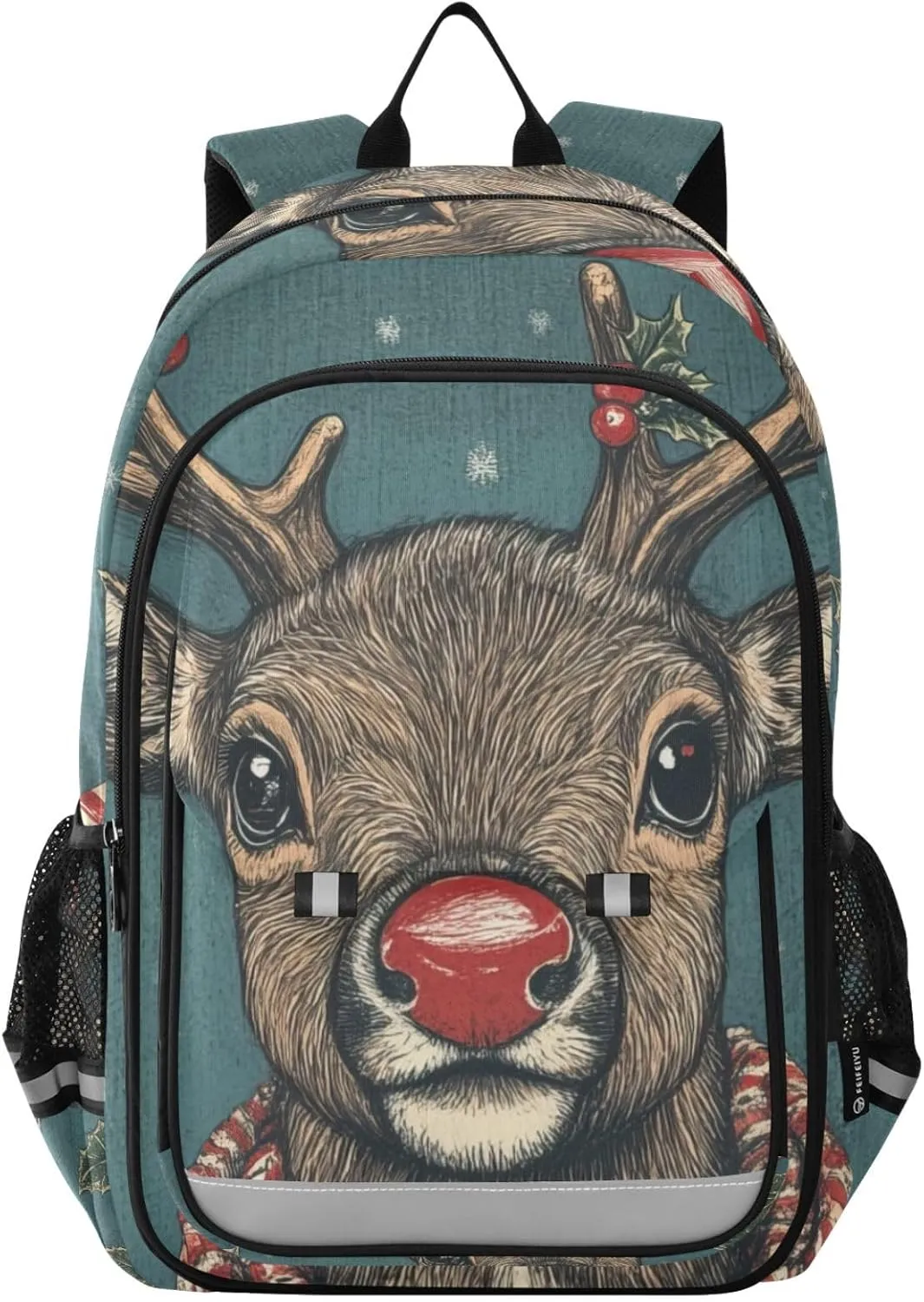 Reindeer Christmas Candy Backpack for Women Men Travel Laptop Daypack Shoulder Bag Book Bag Daypack with Reflective Strip 12.9” × 17.7”