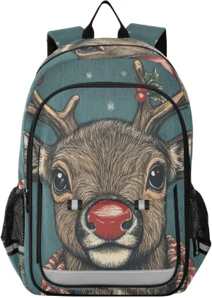 Reindeer Christmas Candy Backpack for Women Men Travel Laptop Daypack Shoulder Bag Book Bag Daypack with Reflective Strip 12.9” × 17.7”