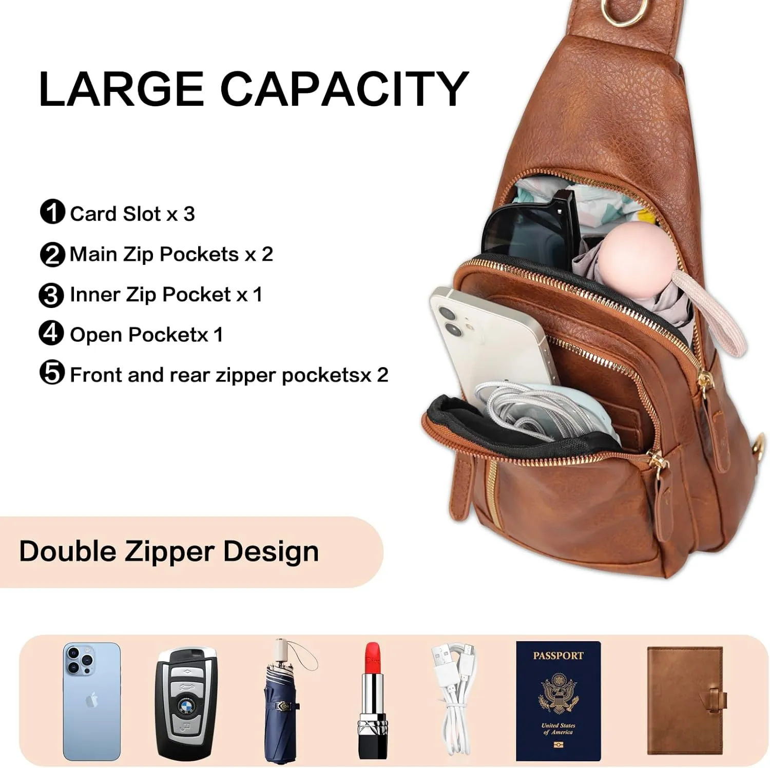 Relang Sling Bag for Women Crossbody, Leather Cross Body Fanny Packs for Women, Trendy Chest Bag for Travel and Daily Use