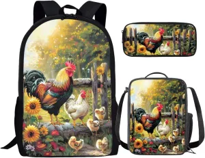 Retro Rustic Illustration Chicken Rooster Backpack for Girls Boys 17 Inch Bookbag with Insulated Lunch Bag Pencil Case Kids Cute Animal Backpack with Lunch Box Padded Back School Bag Green