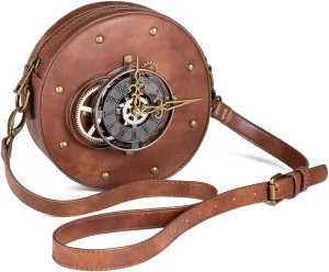 Retro Style Round Locomotive Bag Steampunk Waist Pack Handbag Leg Purse PU Leather Women Shoulder Crossbody Bags, One Color, One Size