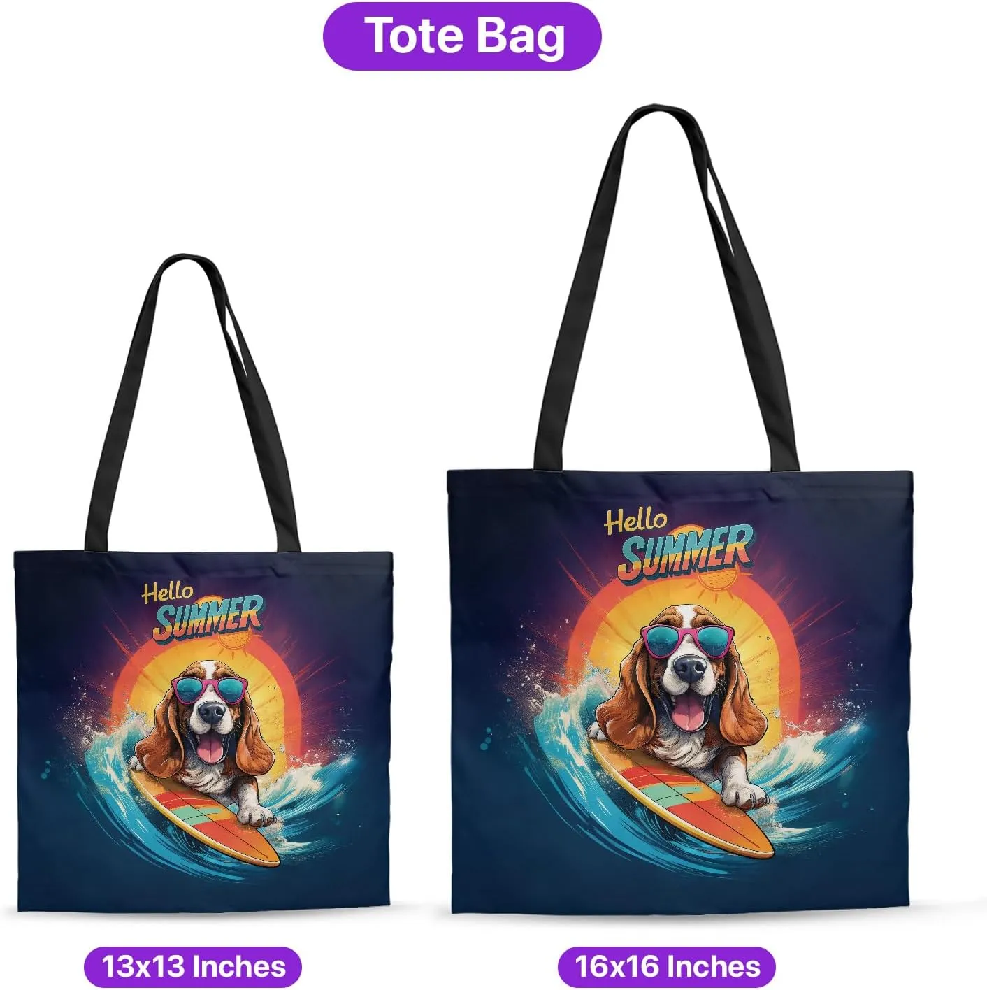 Retro Surfing Dog in Cool Sunglasses Hello Summer Waves Canvas Tote Bag Reusable Shopping Grocery Bag