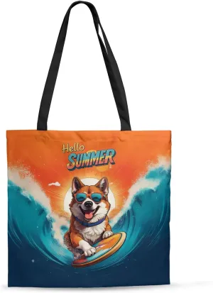 Retro Surfing Dog in Cool Sunglasses Hello Summer Waves Canvas Tote Bag Reusable Shopping Grocery Bag