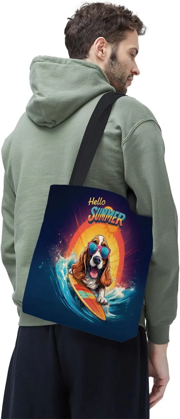 Retro Surfing Dog in Cool Sunglasses Hello Summer Waves Canvas Tote Bag Reusable Shopping Grocery Bag