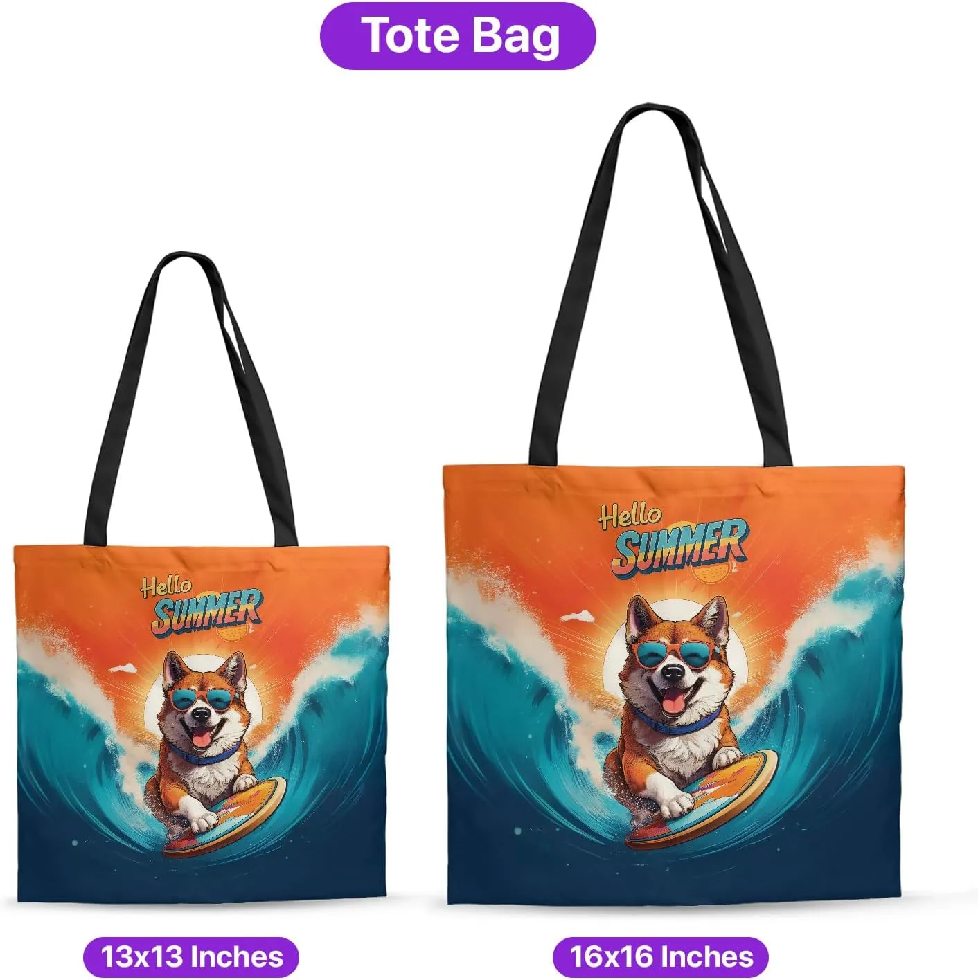 Retro Surfing Dog in Cool Sunglasses Hello Summer Waves Canvas Tote Bag Reusable Shopping Grocery Bag