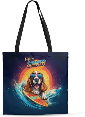 Retro Surfing Dog in Cool Sunglasses Hello Summer Waves Canvas Tote Bag Reusable Shopping Grocery Bag