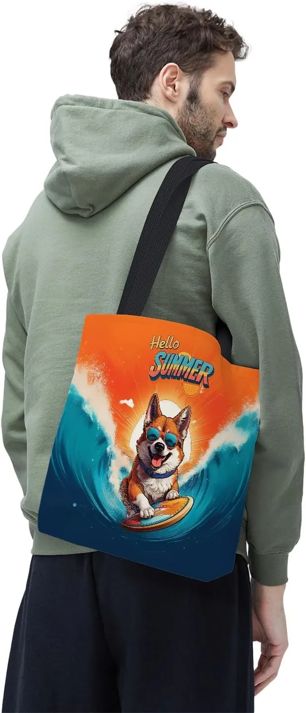 Retro Surfing Dog in Cool Sunglasses Hello Summer Waves Canvas Tote Bag Reusable Shopping Grocery Bag