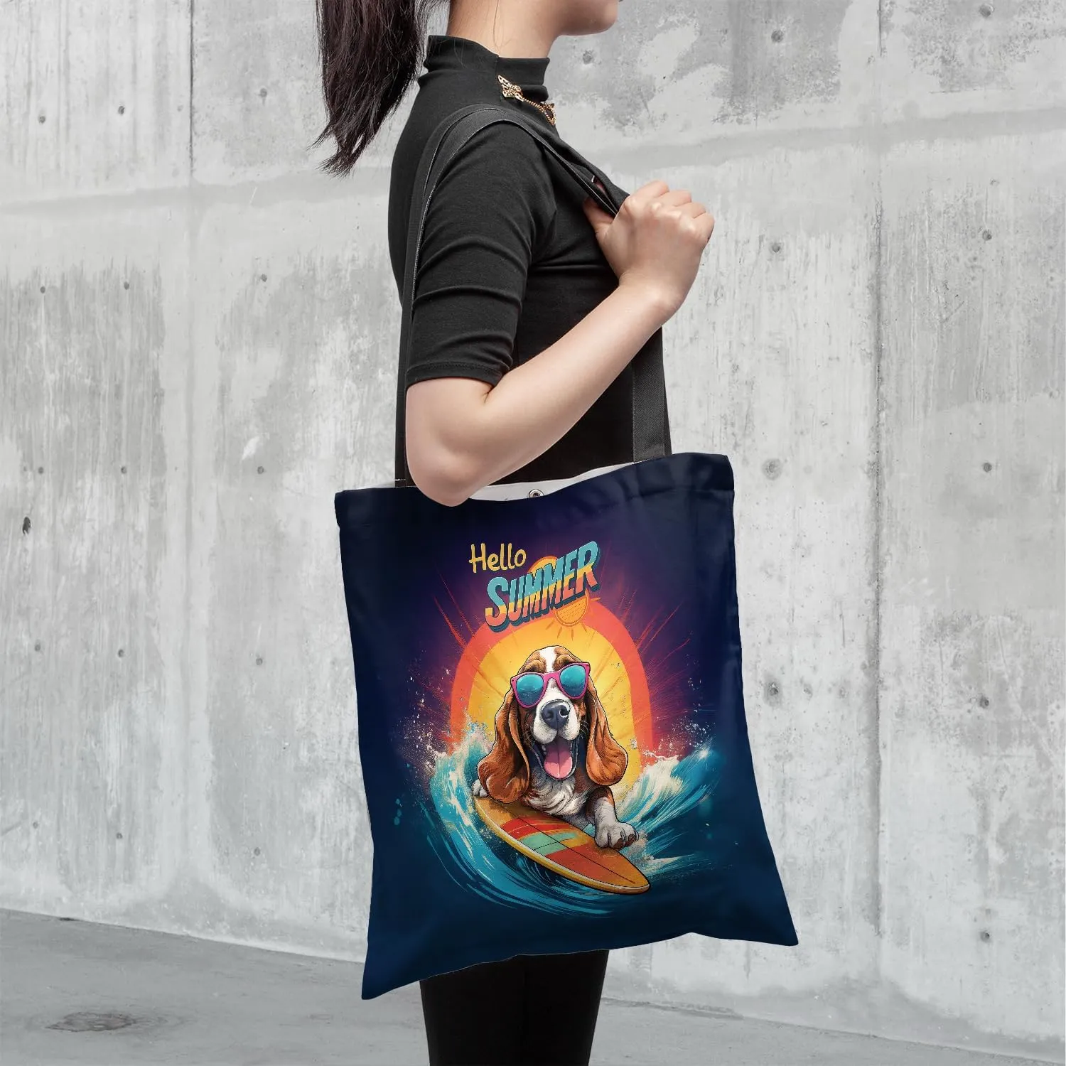 Retro Surfing Dog in Cool Sunglasses Hello Summer Waves Canvas Tote Bag Reusable Shopping Grocery Bag