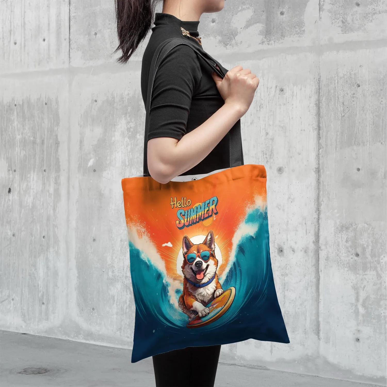 Retro Surfing Dog in Cool Sunglasses Hello Summer Waves Canvas Tote Bag Reusable Shopping Grocery Bag