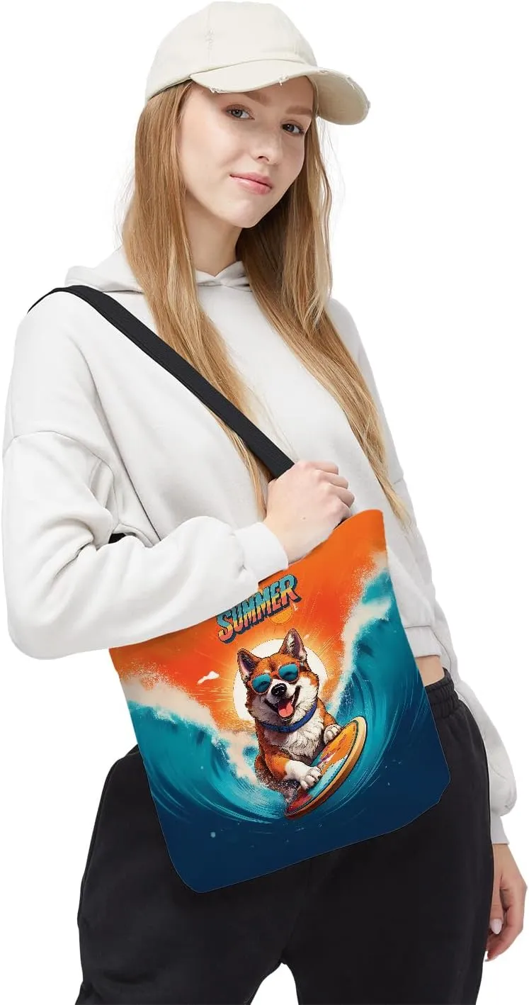 Retro Surfing Dog in Cool Sunglasses Hello Summer Waves Canvas Tote Bag Reusable Shopping Grocery Bag