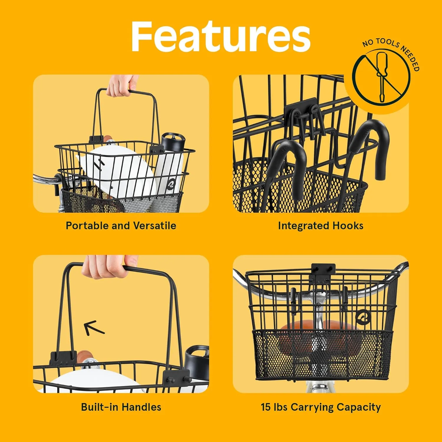 Retrospec Apollo Detachable Front Bike Basket Steel Half-Mesh with Integrated Detachable Hooks and Built-In Handle, Easy Assembly and Portability for Bicycles