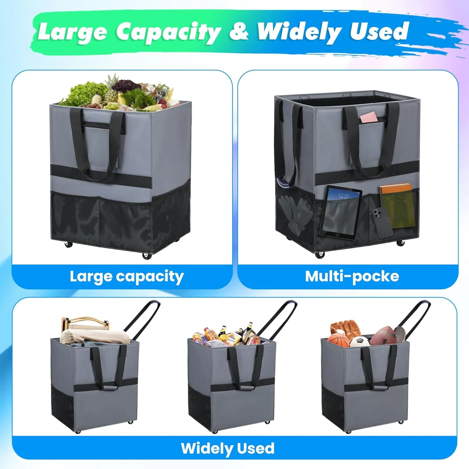 Reusable Grocery Bag on Wheels, Large Rolling Tote With Wheels Shopping Trolley Bag, Heavy Duty/Foldable/Lightweight, 88 lb Limit
