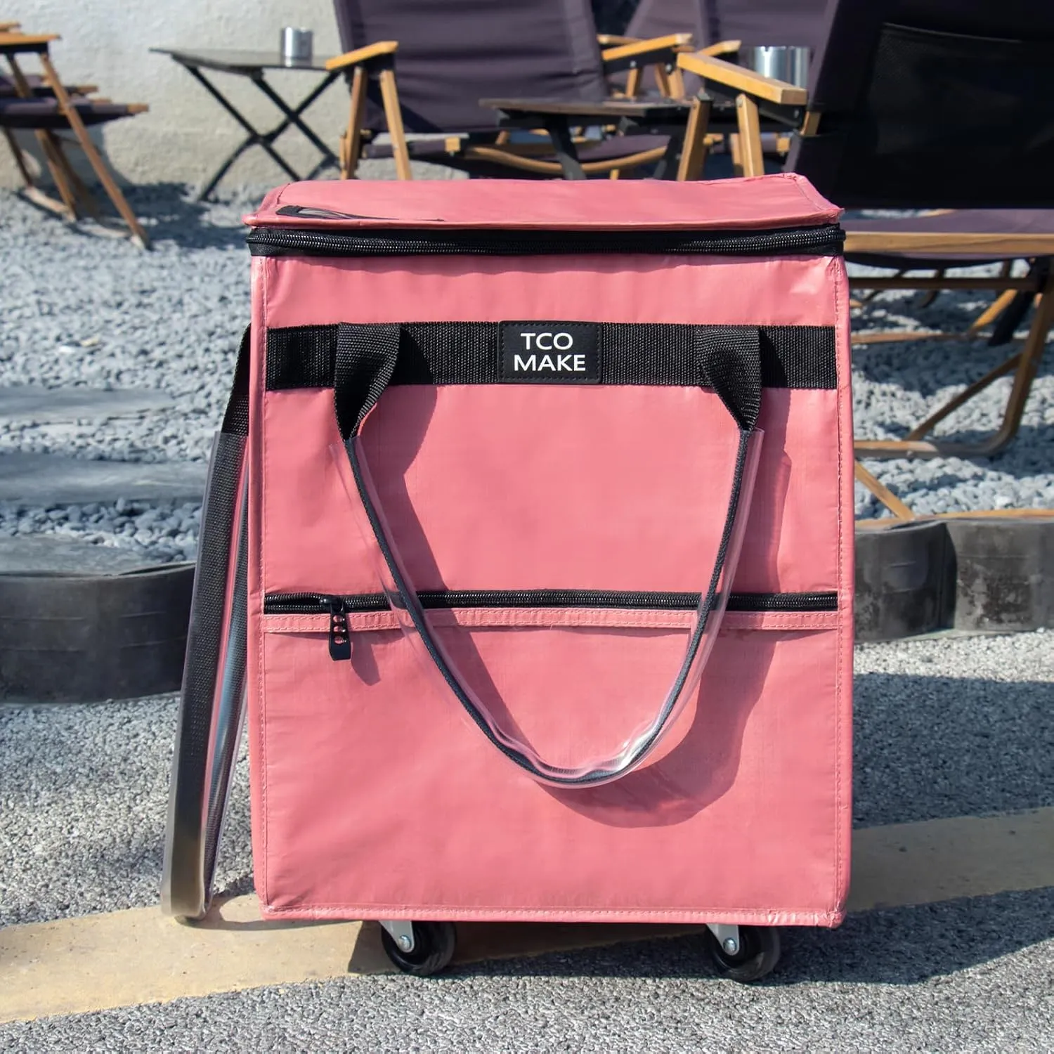 Reusable Grocery Bag on Wheels, Rolling Shopping Bags with Wheels and Handle, Folding Rolling Tote Trolley, Zipper Cover, Carries Up to 22 LBS, Easy Transportation (Small, Pink)