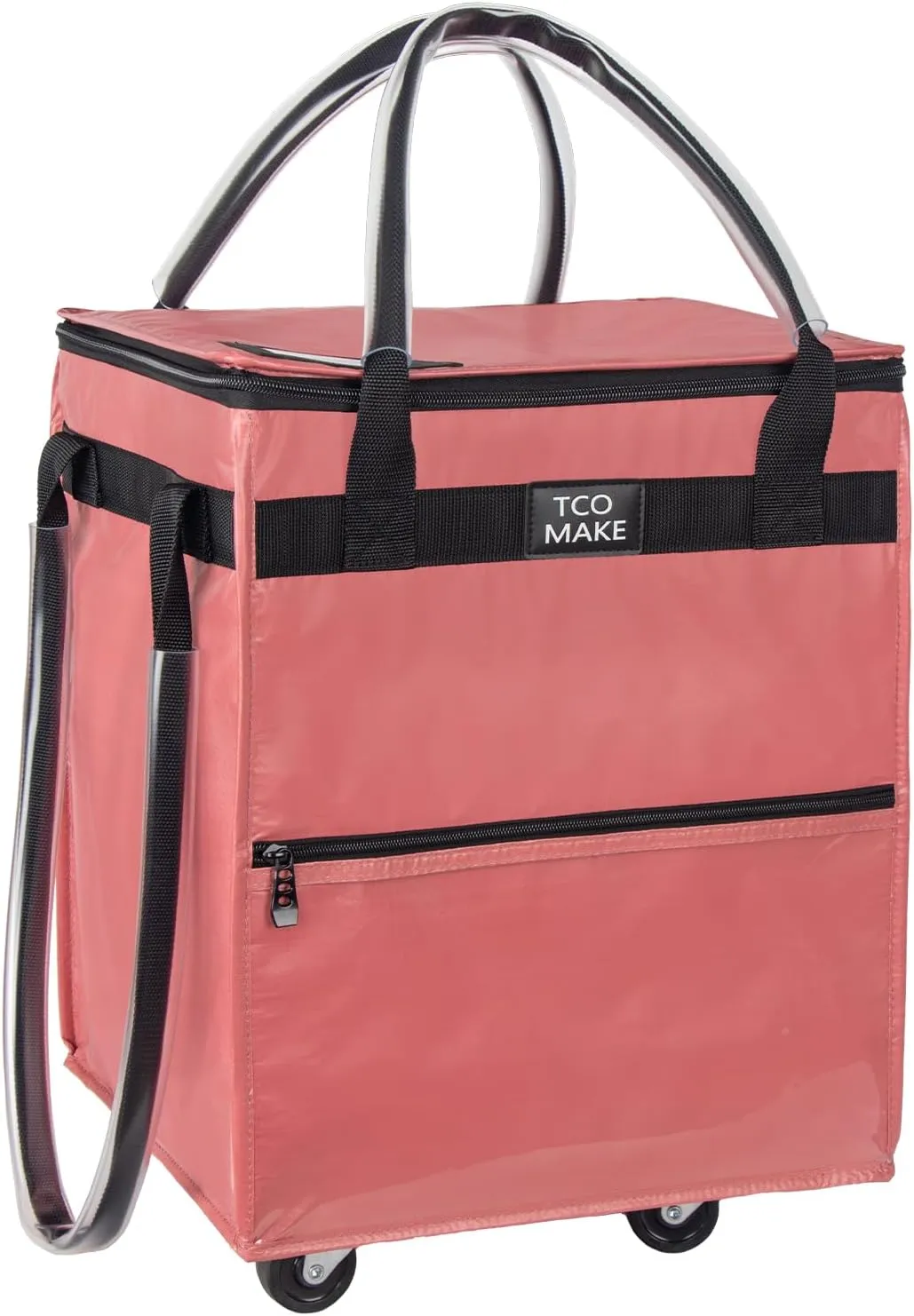 Reusable Grocery Bag on Wheels, Rolling Shopping Bags with Wheels and Handle, Folding Rolling Tote Trolley, Zipper Cover, Carries Up to 22 LBS, Easy Transportation (Small, Pink)